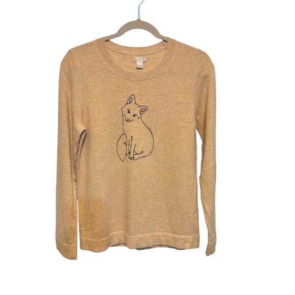 J. Crew Embroidered Fox Merino Wool Blend Long Sleeve Crew Neck Tan Sweater - Picture 4 of 11